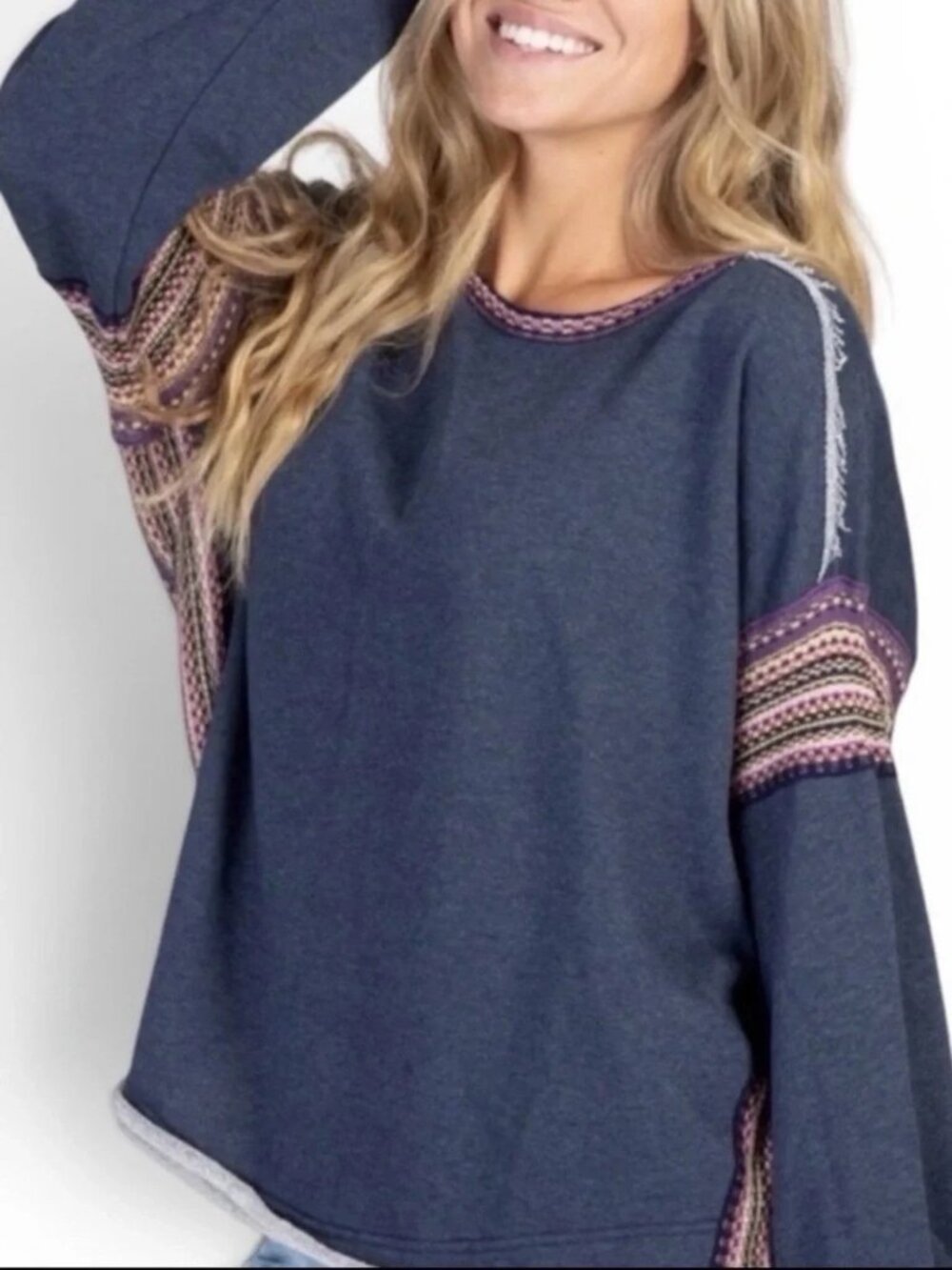 Natural Life Women's S/M Blue Knit Trim Sweatshirt Boho Casual